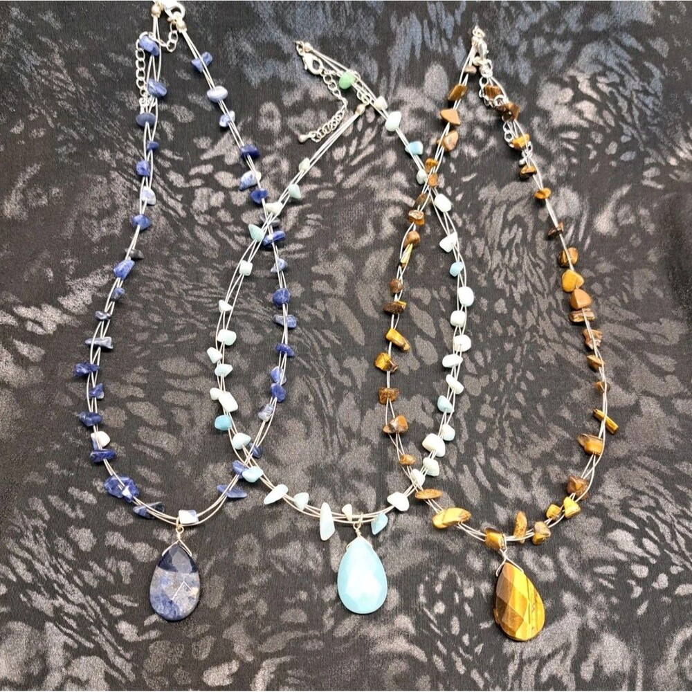 Aquamarine, Tigers eye, Blue Sodalite Pendant Station Necklace Silver Wire
